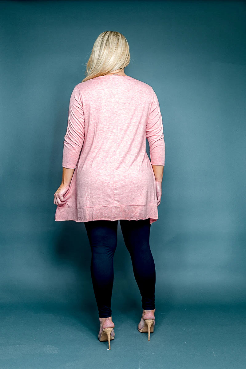 "Paulina" Plus Size Round Neck 3/4 Sleeve Top with Pearl Trim and Handkerchief Hem