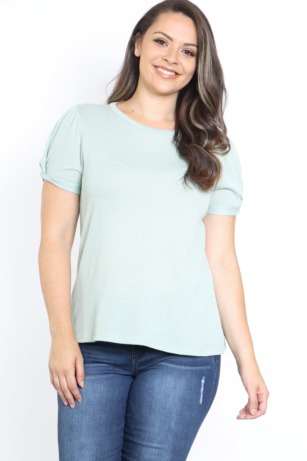 SAGE ROUND NECKLINE SIDE TIE TWIST SLEEVE WAFFLE FABRIC PLUS SIZE TOP