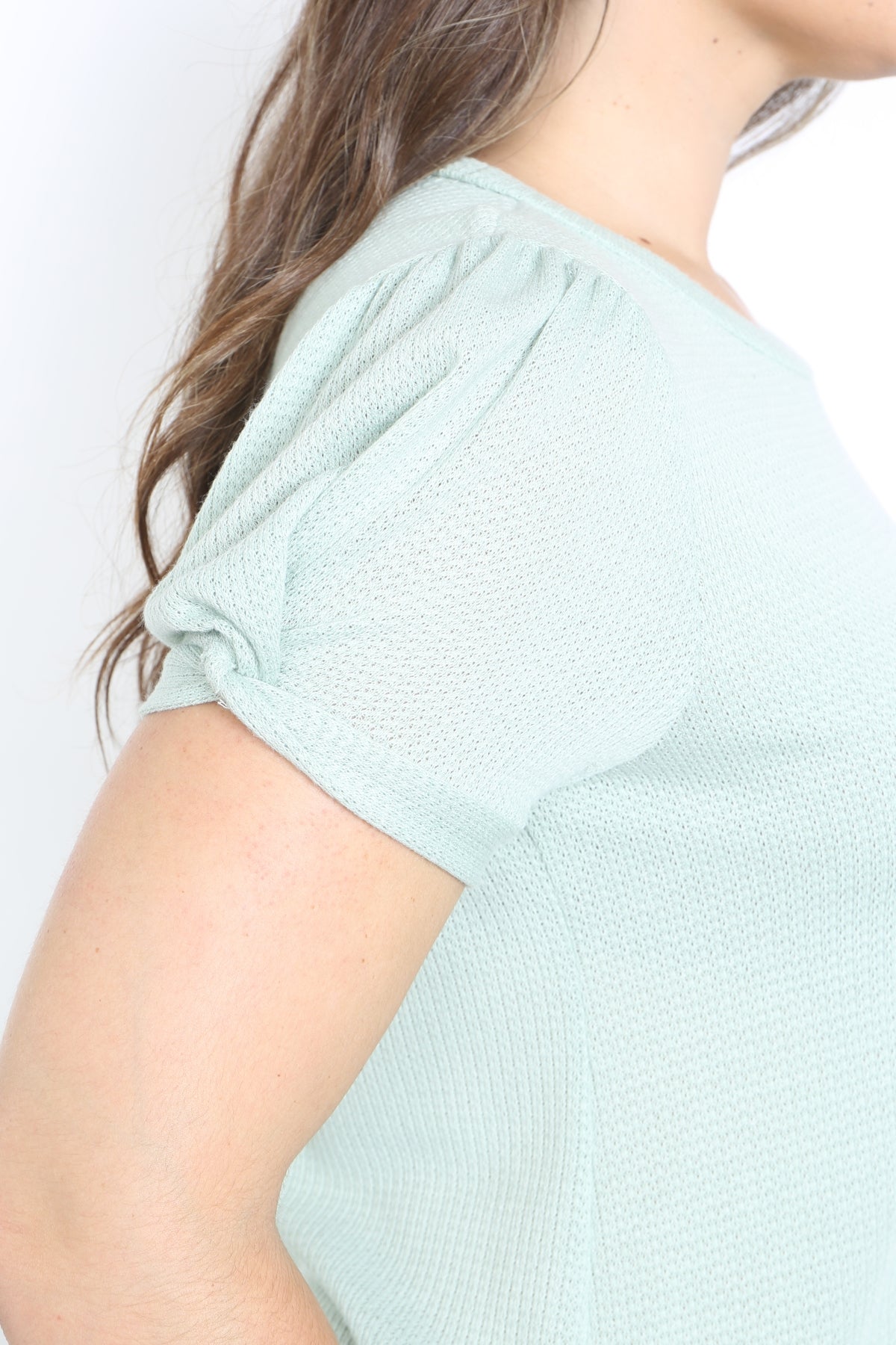 SAGE ROUND NECKLINE SIDE TIE TWIST SLEEVE WAFFLE FABRIC PLUS SIZE TOP