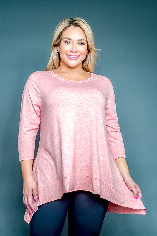 "Paulina" Plus Size Round Neck 3/4 Sleeve Top with Pearl Trim and Handkerchief Hem