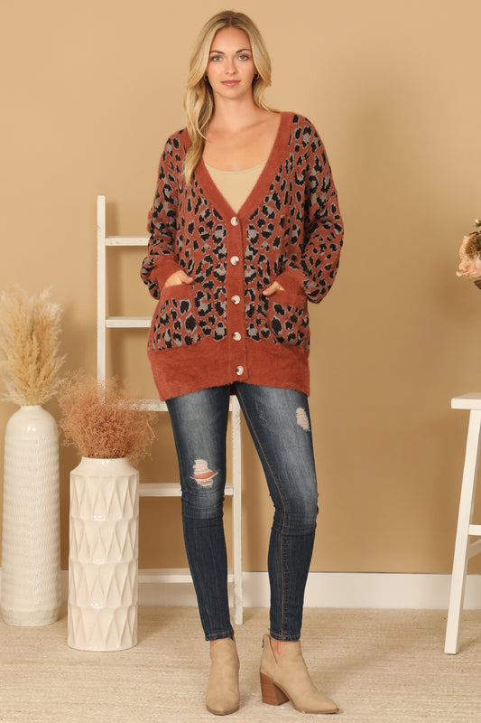BROWN FURRY LEOPARD BUTTON DOWN CARDIGAN
