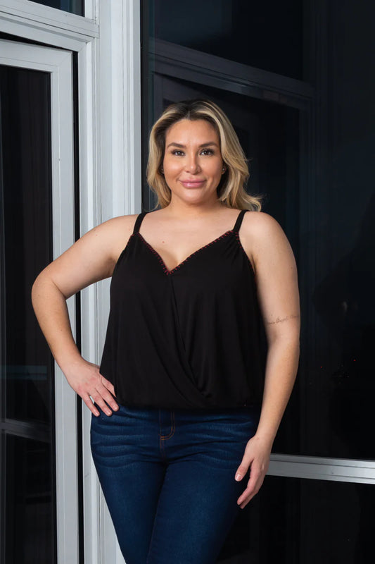 Vicki PLUS top with embroidered neck detail, Black
