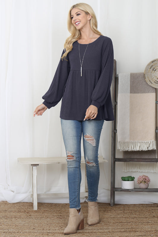 BABY DOLL WAFFLE LONG SLEEVE TOP- NAVY