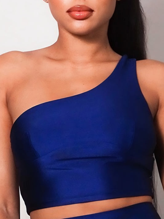 1 shoulder Navy crop top