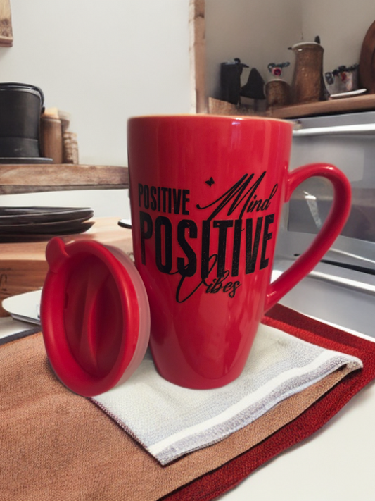 16oz coffee mug with lid, Red, Positive Mind Positive Vibes